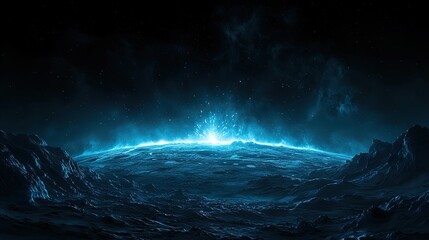 Fototapeta premium Bright light exploding in the dark universe, creating a blue horizon HD 8k wallpaper photographic image