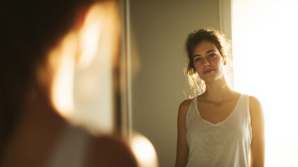 woman looking at herself in a mirror, confident gaze, soft lighting and blurred background