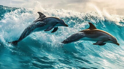 Naklejka premium Dolphins racing just below the surface of transparent aqua waves, with splashes trailing behind them and light refracting through the water onto their backs.