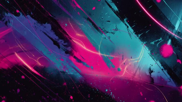 Grunge texture background with neon graffiti brush strokes overlay. High quality 4k footage