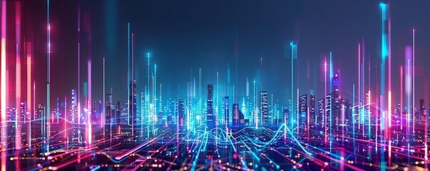 Abstract cityscape with vibrant pink, blue, and teal lines representing data flow over a silhouetted urban skyline against a dark background.