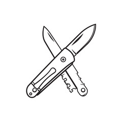 Two open pocket knives create an X shape on a transparent background here