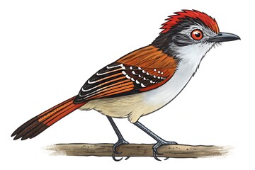 Red-winged blackbird and red-billed hornbill, wild birds with black wings and yellow beaks on a branch, isolated on white