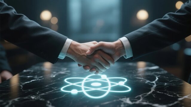 Close-up of two hands shaking over glowing atomic symbol on dark marble table, symbolizing diplomatic agreement, international cooperation, peace treaty and nuclear deal negotiation concept.