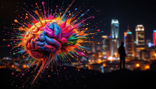 create an artistic image featuring a dramatic scene of a brain exploding with paints against a black background, under vibrant city lights