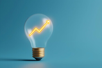 A glowing lightbulb with an upward arrow inside symbolizes growth, innovation, and creative progress on a blue background.