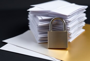 Naklejka premium Stack of White Envelopes with Padlock on Dark Background 