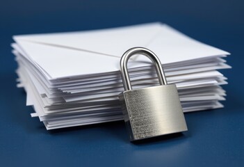 Naklejka premium Stack of White Envelopes with Metallic Padlock on Blue Surface 
