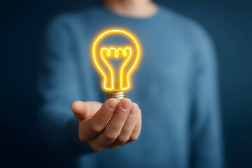 A glowing lightbulb icon hovers above a person's open hand, symbolizing innovation and new ideas.