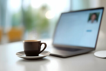 A steaming coffee cup sits beside an open laptop on a bright, modern desk, creating a cozy and productive workspace vibe.