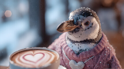 Naklejka premium Charming Penguin Enjoying Latte with Heart Design in Cozy Setting