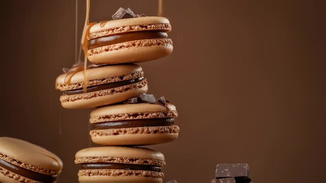 Delicious chocolate macarons stacked with caramel drizzle and chocolate chunks