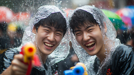Two Happy Asian Teen Boys Playing with Water Guns During a Sinchon Water Gun Festival Celebration Rainstorm