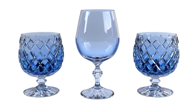 Three blue glass goblets, varying in size and shape, are displayed against a black background.  They feature a diamond-patterned design isolated on transparent or white background. Generative ai