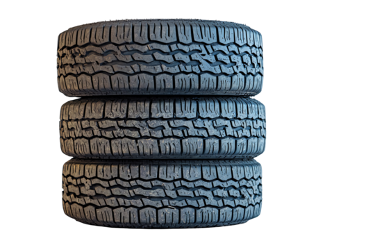 Three stacked tires against a black background, showing detailed tread patterns and subtle lighting variations isolated on transparent or white background. Generative ai - Powered by Adobe