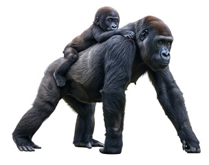 A gorilla mother walking with its baby on its back