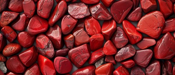 An abstract mosaic of irregularly shaped jasper stones in striking shades of deep crimson, creating a visually captivating and textured natural composition.