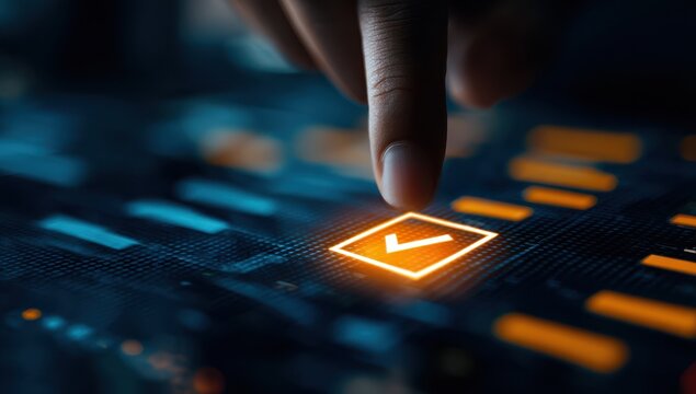 Finger taps glowing checkmark on digital interface - Powered by Adobe