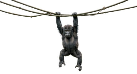 A cute baby gorilla hanging on jungle vines