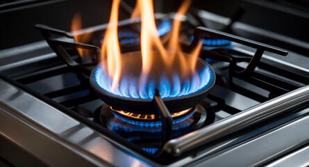 5-Close-Up of Gas Stove Burner with Blue Flames on Metallic Stovetop – High-Resolution Photo