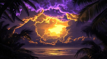 Electric sunset over a beach with purple and gold clouds, black palm trees framing the view in perfect silhouette