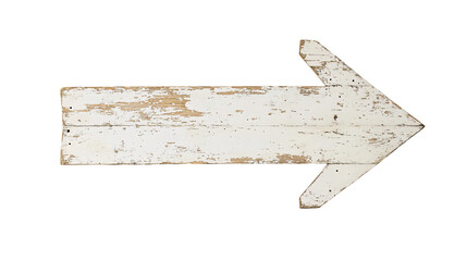 Weathered white arrow-shaped wooden sign, rustic and worn, isolated on black background