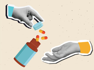 Capsules pills spill out of the jar into black and white hand. Modern collage style. Vector illustration