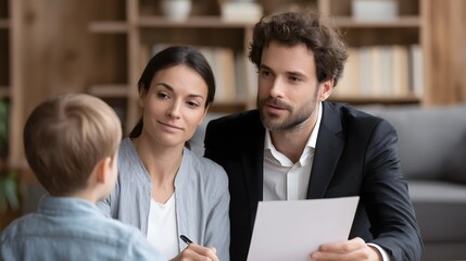 Fototapeta premium A couple sitting on a couch in their living room reviewing documents and having a conversation with their child suggesting a domestic scene of family discussion and