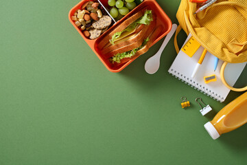 Healthy school lunchbox with sandwich, nuts, and grapes, alongside a backpack and school supplies...