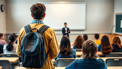 A late student of the business school of economics with a black backpack stands in the auditorium in front of a male teacher