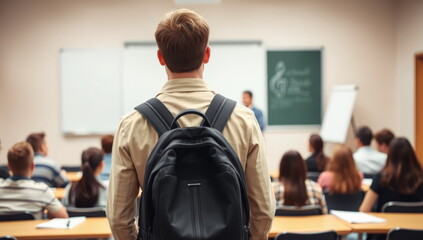 Late university student with short hair stands during lecture