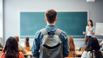 A late student in a blue shirt stands in the middle of the classroom, and in the background at the board is a female teacher