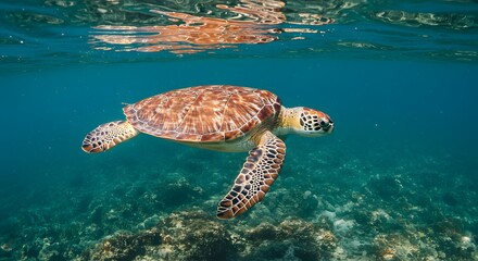Fototapeta premium Majestic Sea Turtle Gracefully Gliding Through Vibrant Coral Reef