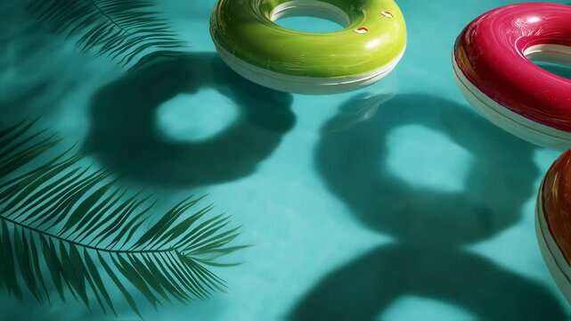Enjoying a relaxing afternoon at the pool with colorful floaters and gentle palm shadows