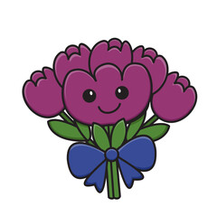 Cute Cartoon Flower Bouquet with Smiling Face and Blue Ribbon