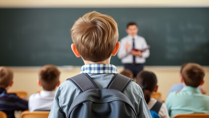 Little boy in elementary school with backpack, late for class and talking to teacher