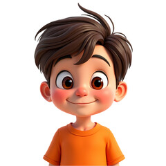 Obraz premium A cartoon boy with brown hair and an orange shirt smiling with a transparent black background behind him isolated on transparent background