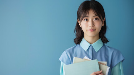 Obraz premium young woman holding files stands against blue background, exuding confidence and focus