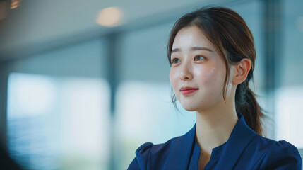 young woman with ponytail smiles softly in modern office setting