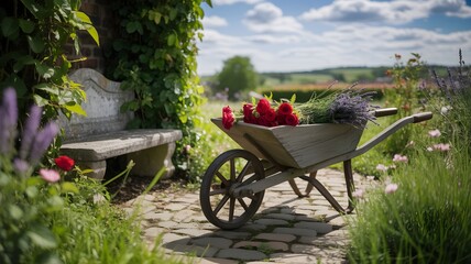 A charming scene featuring a wooden wheelbarrow overflowing with vibrant red roses and lavender, set against a picturesque garden backdrop under a sunny sky.