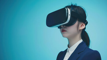 woman wearing virtual reality headset against blue background, immersed in technology and innovation