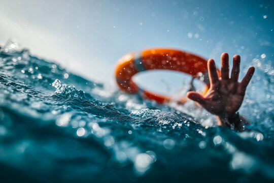 ocean safety concept, lifebuoy thrown in turbulent sea