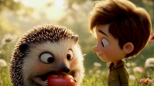Cartoon video. Cute hedgehog treats a boy with an apple in the forest.