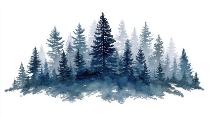 Watercolor forest scene. Deep blue-gray conifers