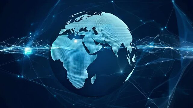 Blue digital Earth globe slowly rotates showing global network connections and data flow lines across continents in dark space - Powered by Adobe