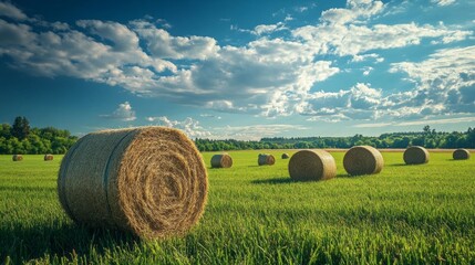 Lush green fields stretch across rural Russia, dotted with round hay bales basking under a clear blue sky filled with fluffy clouds. The landscape showcases nature's beauty and agricultural abundance