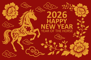 2026 Chinese New Year Greeting Card , Year of the Horse Design with Golden Horse, Peony Flowers, and Clouds on Red Background