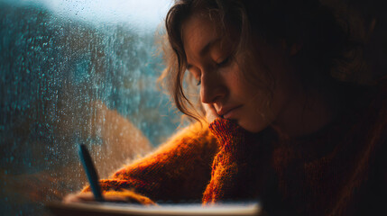 Contemplative Woman Writing in Journal by Window on Rainy Day Personal Reflection and Creative Expression
