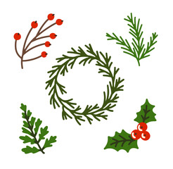 Naklejka premium Winter holiday Christmas design set greenery and red berry. Vector illustration