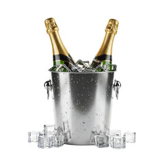 Two Bottles of Champagne in a Metal Ice Bucket with Ice Cubes